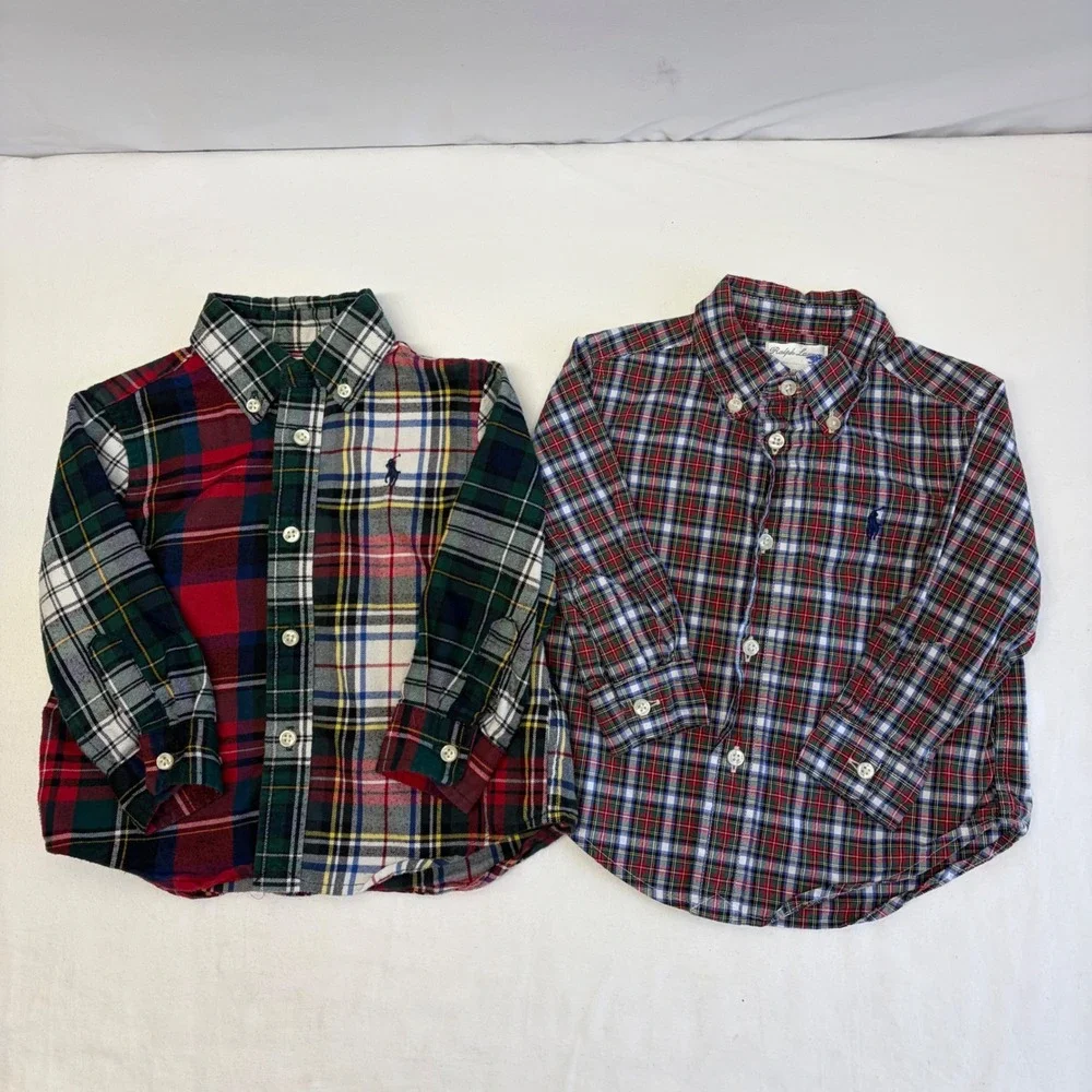 Ralph Lauren Plaid Button Down Shirts Baby Boys 12M Lot 2 Multi Color Preppy